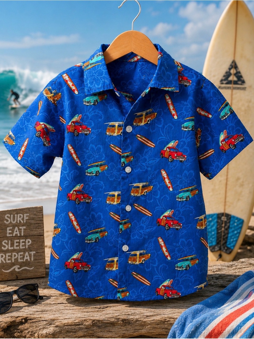 Nui Nalu made in USA Hawaii kids aloha Surf board cotton woody wagon blue shirt